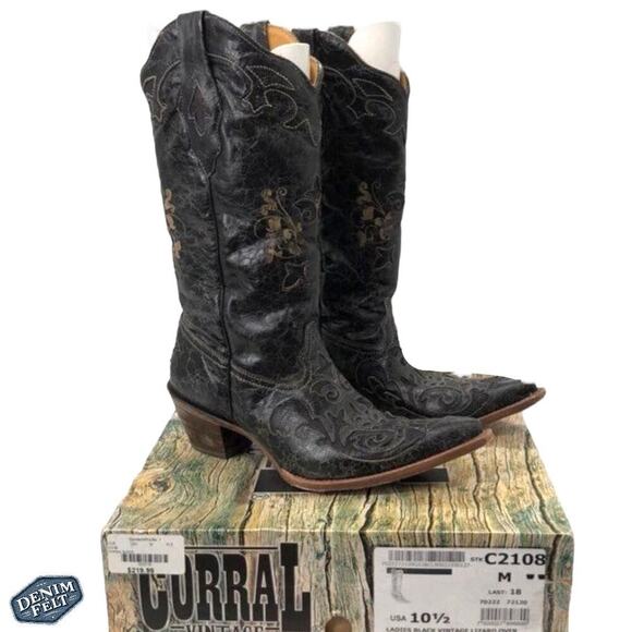 Corral LADIES BLACK VINTAGE LEATHER LIZARD INLAY SNIP TOE Western/Cowboy Boots - Picture 1 of 16